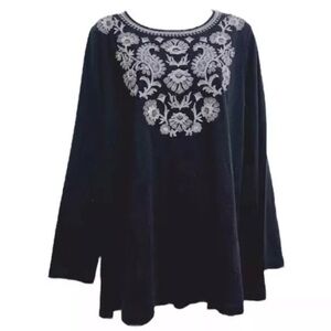 J Jill Embroidered Long Sleeve Top Blouse Dark Grey/Black Size  XL